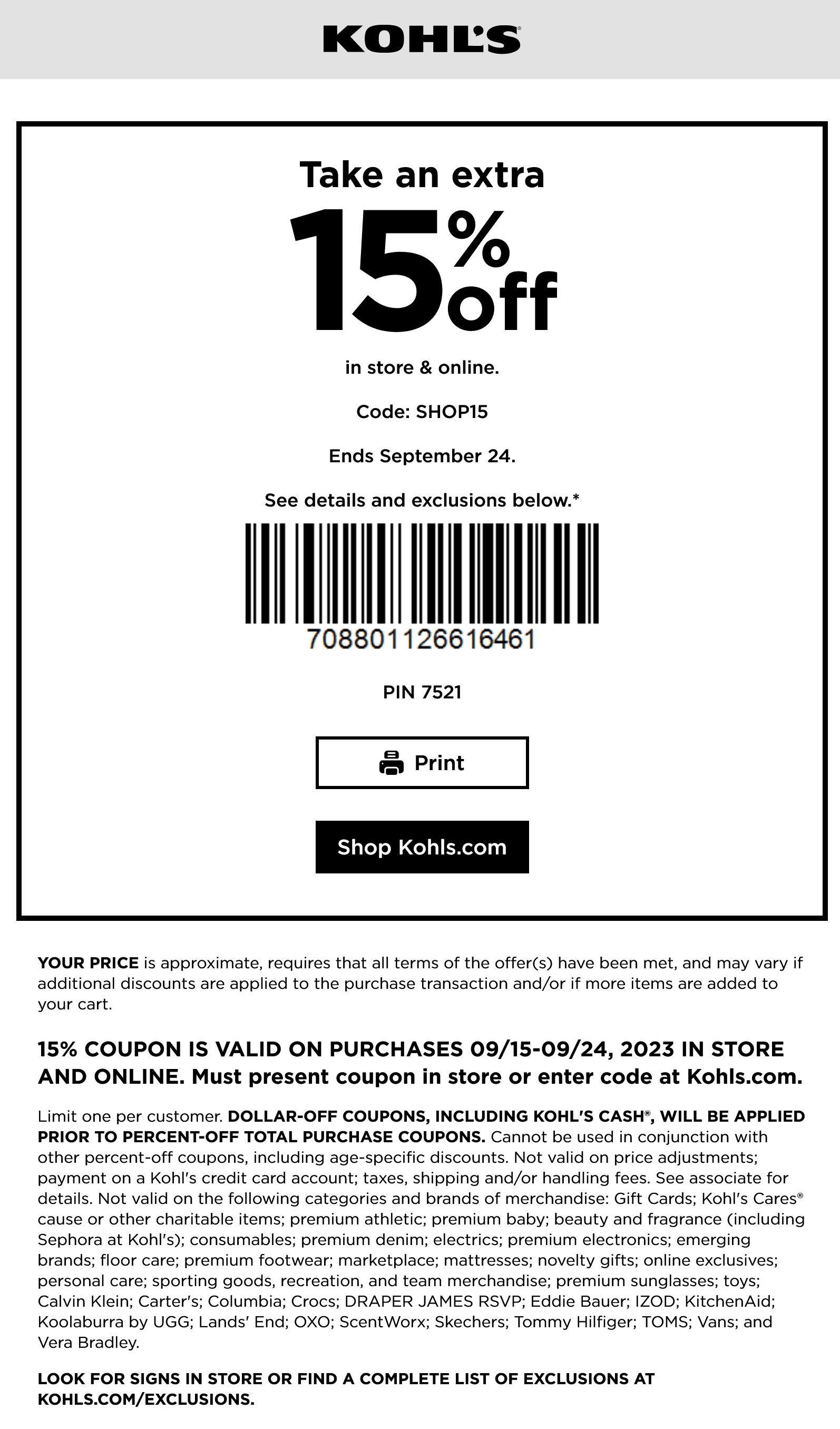 Kohls stores Coupon  Extra 15% off at Kohls, or online via promo code SHOP15 #kohls 