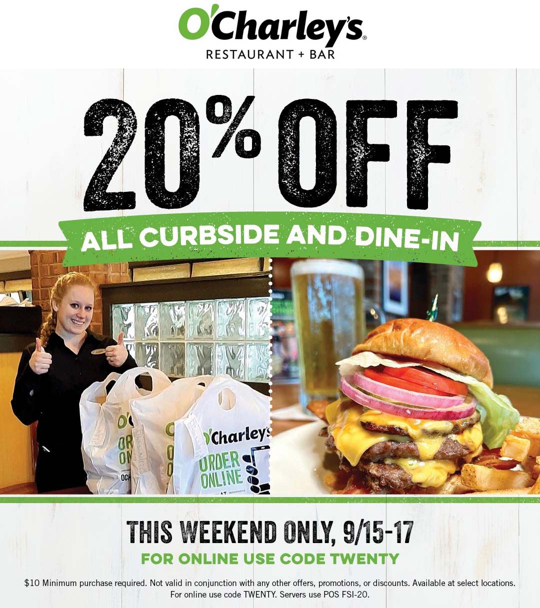 OCharleys restaurants Coupon  20% off at OCharleys restaurants, or online via promo code TWENTY #ocharleys 