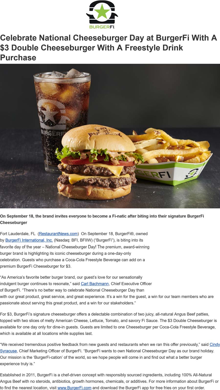 Burger Fi restaurants Coupon  $3 double cheeseburger with your drink today at Burger Fi #burgerfi 