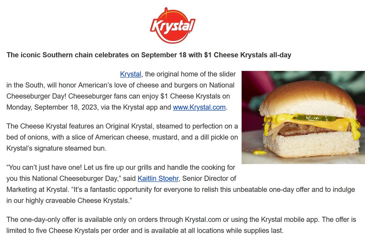 Krystal restaurants Coupon  $1 cheeseburger today at Krystal #krystal 