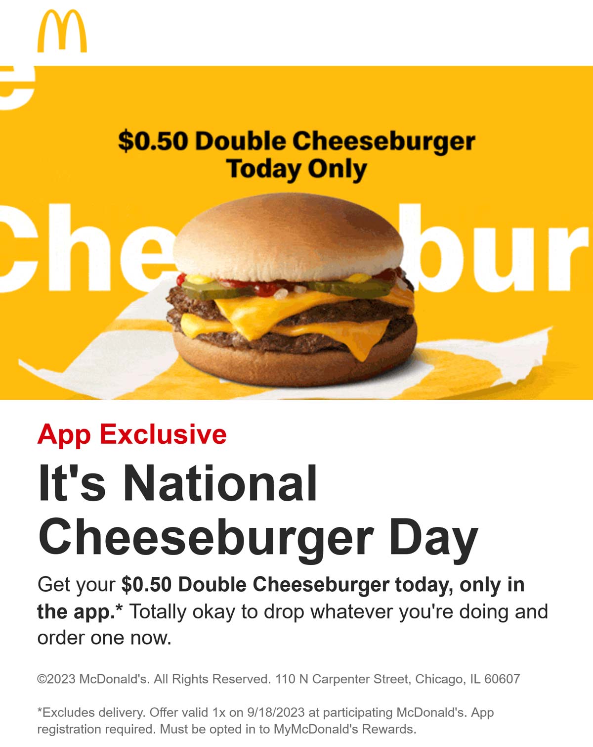 McDonalds restaurants Coupon  .50 cent double cheeseburger today via mobile at McDonalds #mcdonalds 