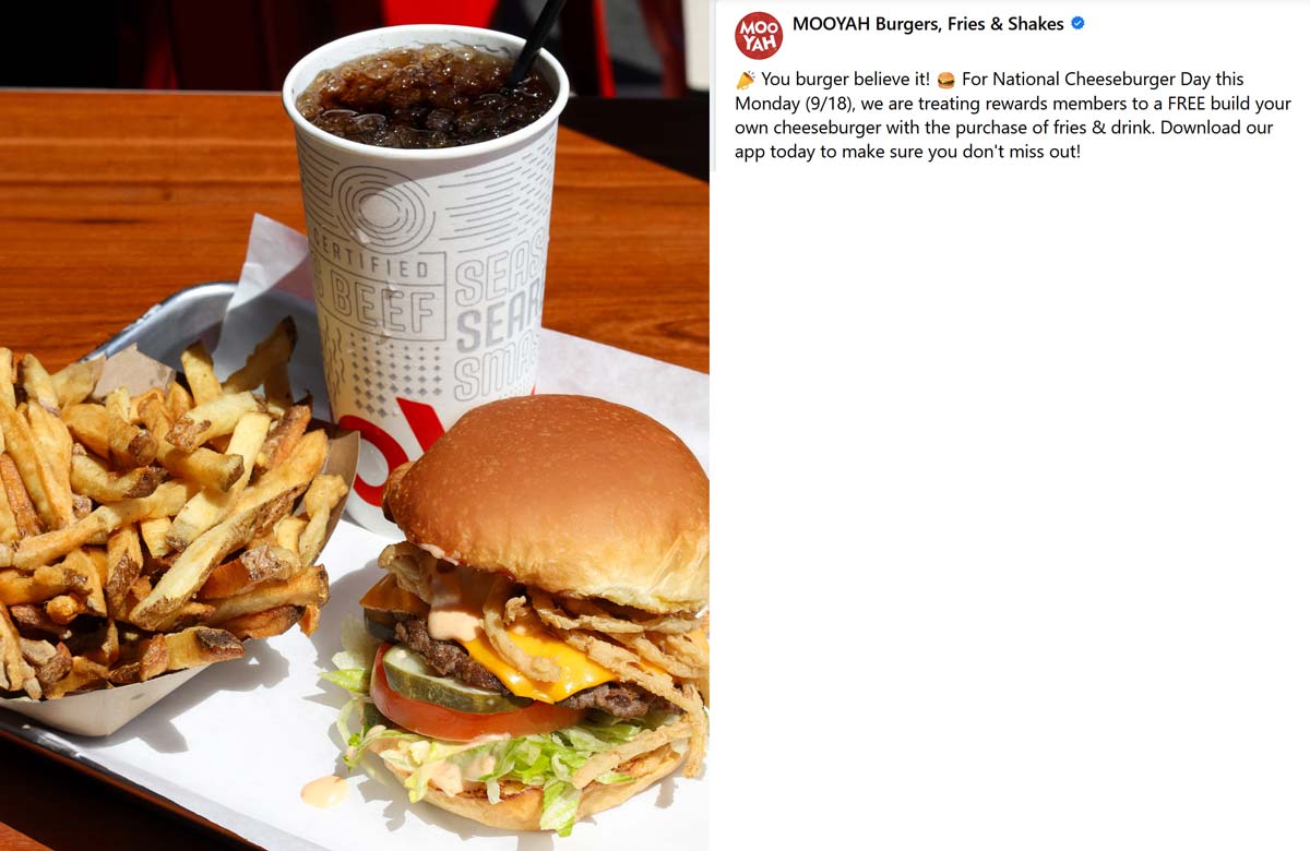 Mooyah restaurants Coupon  Free cheeseburger with your fries & drink today via mobile at Mooyah burgers fries shakes #mooyah 