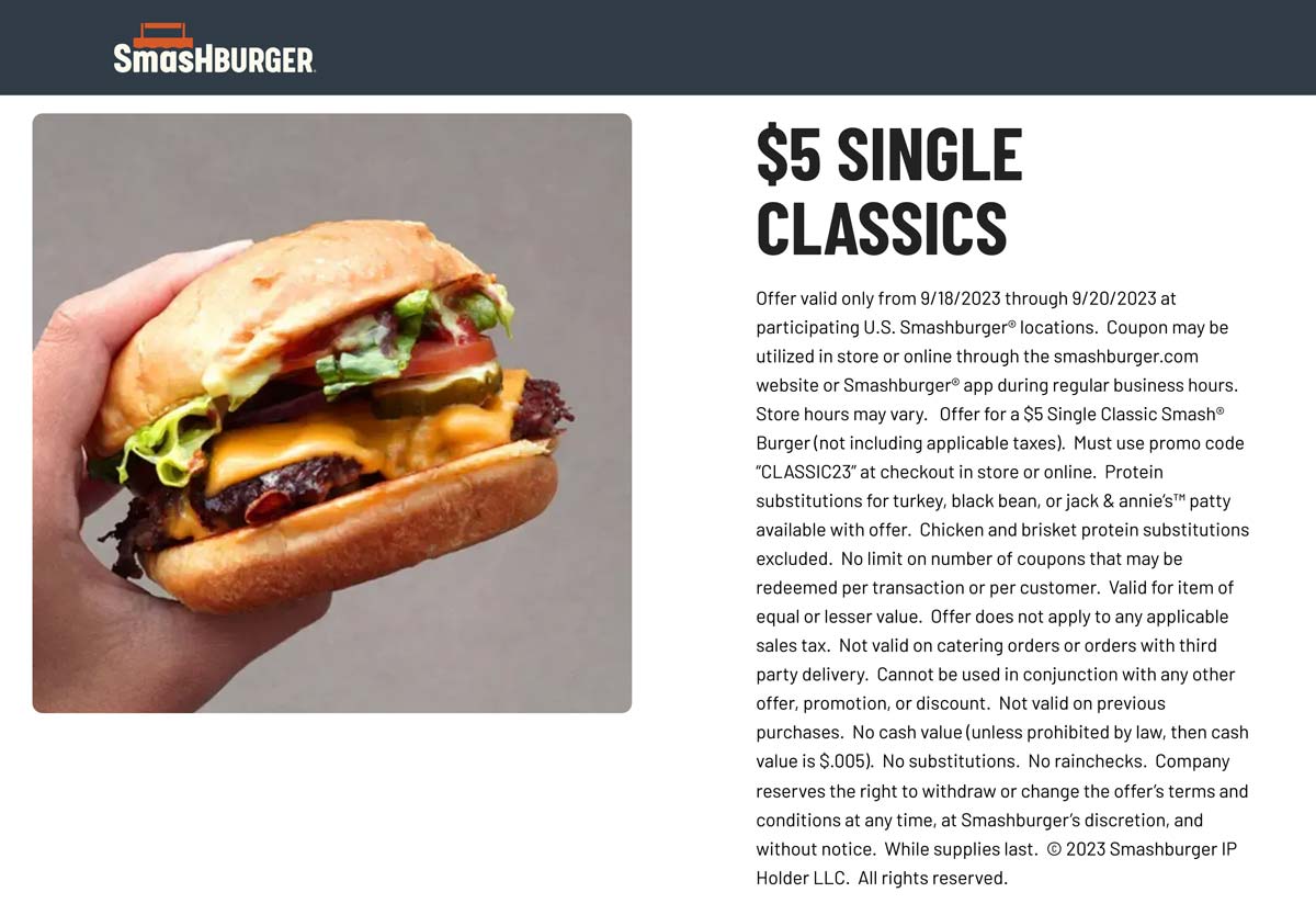 Smashburger restaurants Coupon  $5 single classic cheeseburger at Smashburger #smashburger 