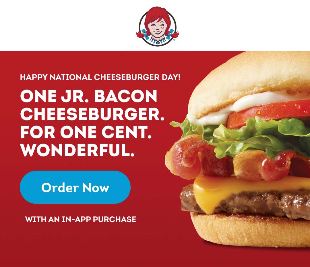 Wendys restaurants Coupon  Jr bacon cheeseburger for .01 cent via mobile today at Wendys #wendys 