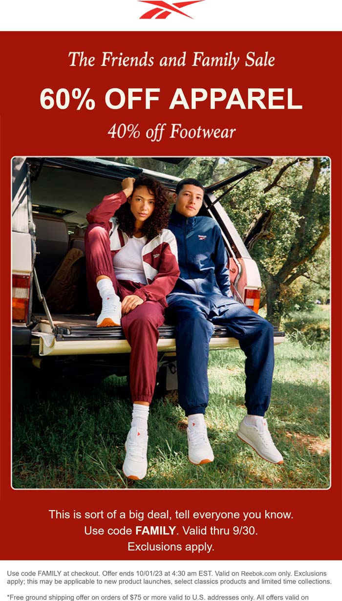 Reebok stores Coupon  40% off shoes & 60% apparel at Reebok via promo code FAMILY #reebok 