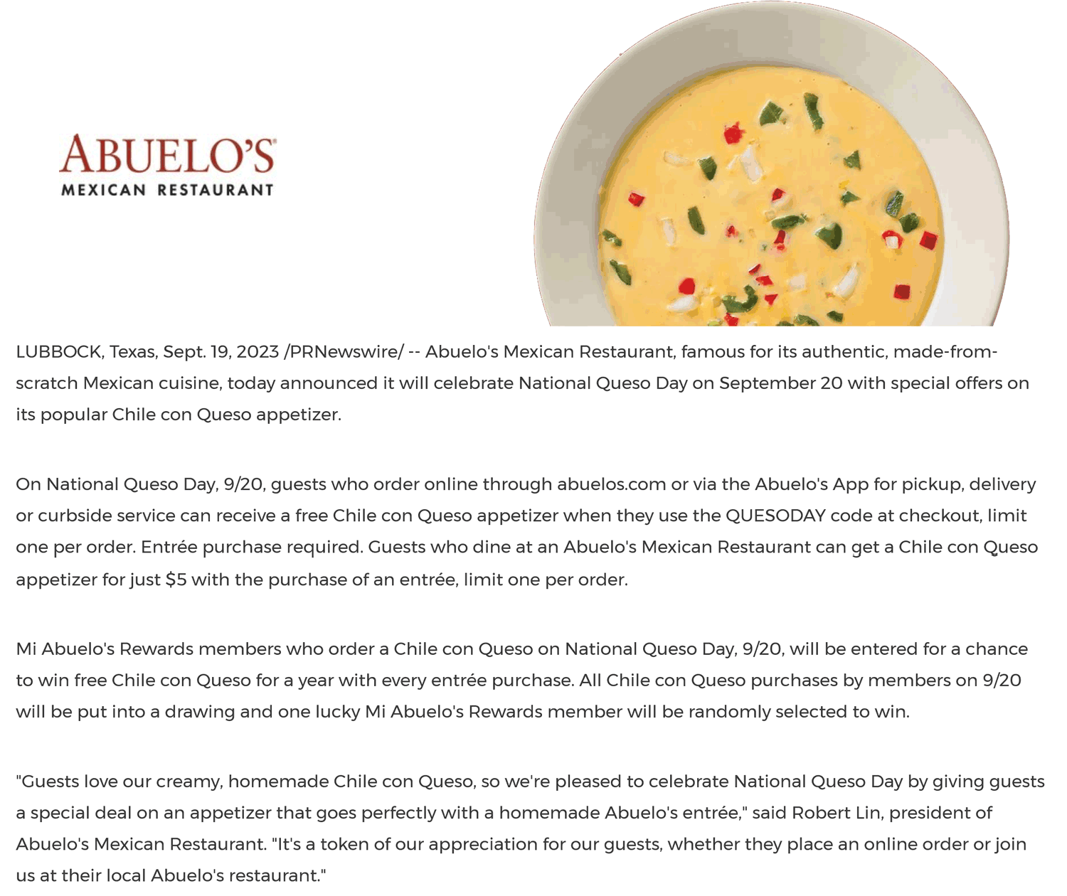 Free chile con queso with your entree today at Abuelos Mexican via promo code QUESODAY abuelos