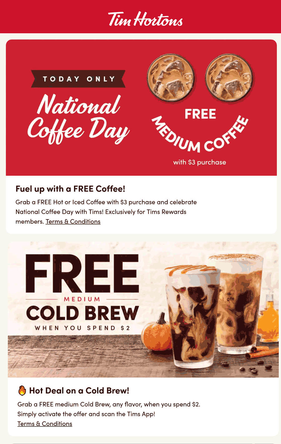 Free coffee on 3 today at Tim Hortons timhortons The Coupons App®