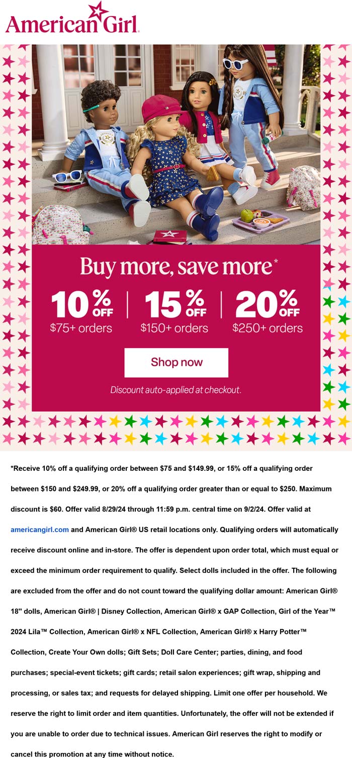 American Girl stores Coupon  10-20% off $75+ at American Girl doll, ditto online #americangirl 