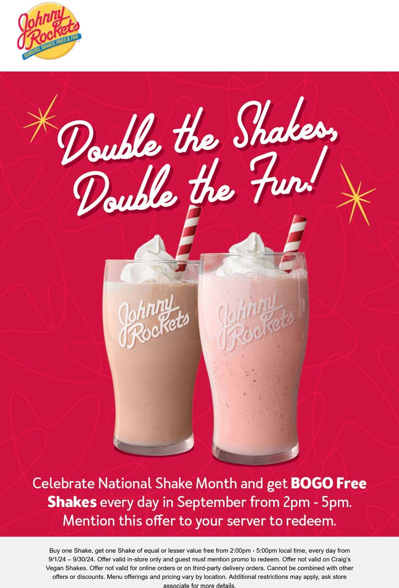 Johnny Rockets stores Coupon  Second milkshake free at Johnny Rockets #johnnyrockets 