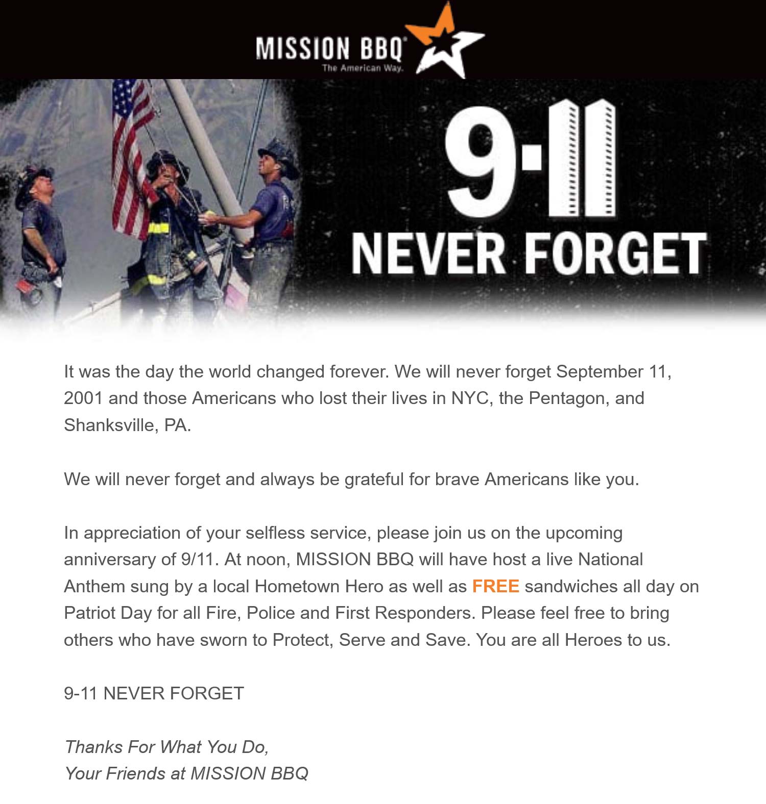 Mission BBQ restaurants Coupon  First responders enjoy a free sandwich the 11th at Mission BBQ #missionbbq 