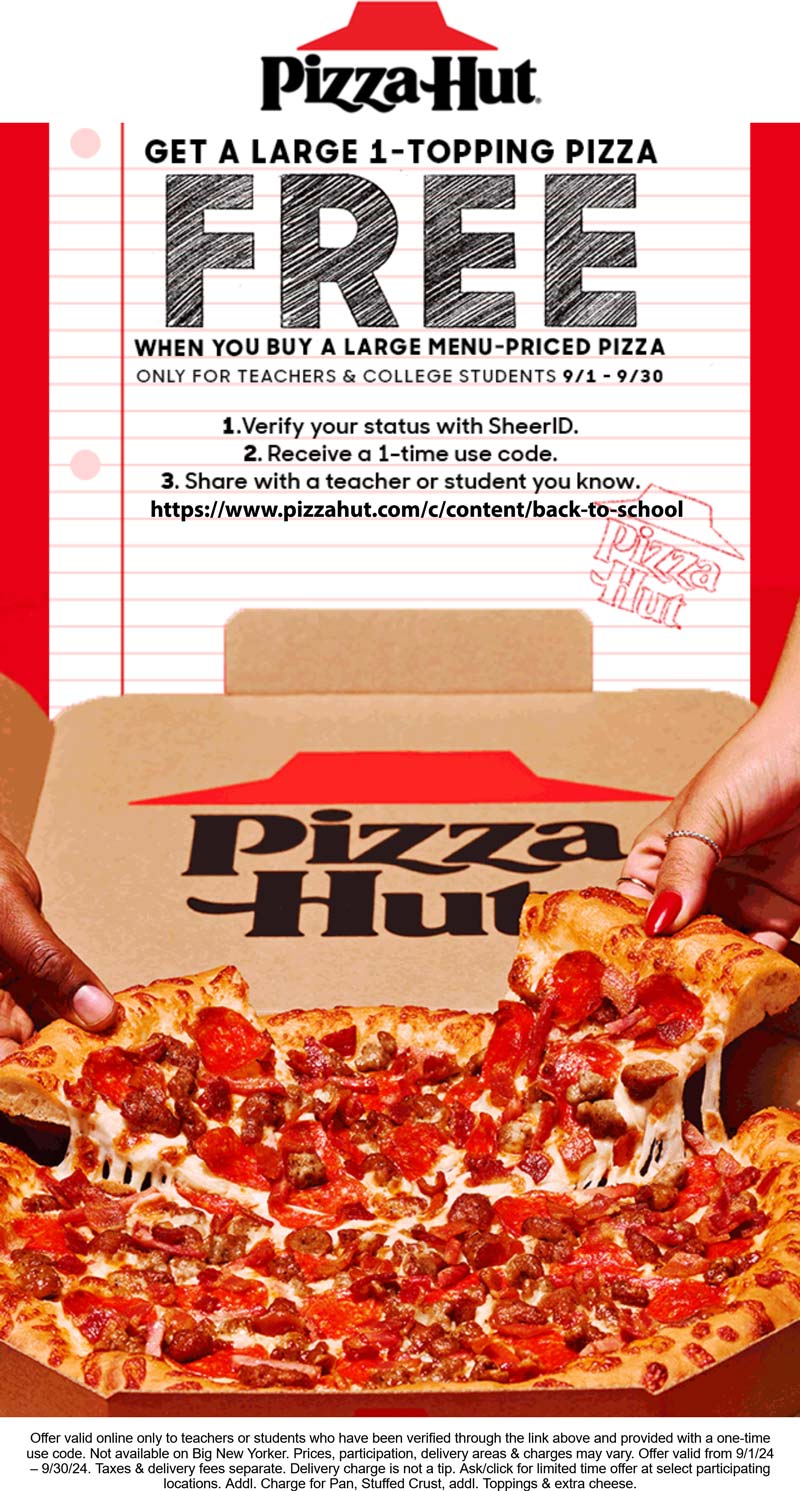 Pizza Hut restaurants Coupon  Students & teachers enjoy a second large free at Pizza Hut #pizzahut 