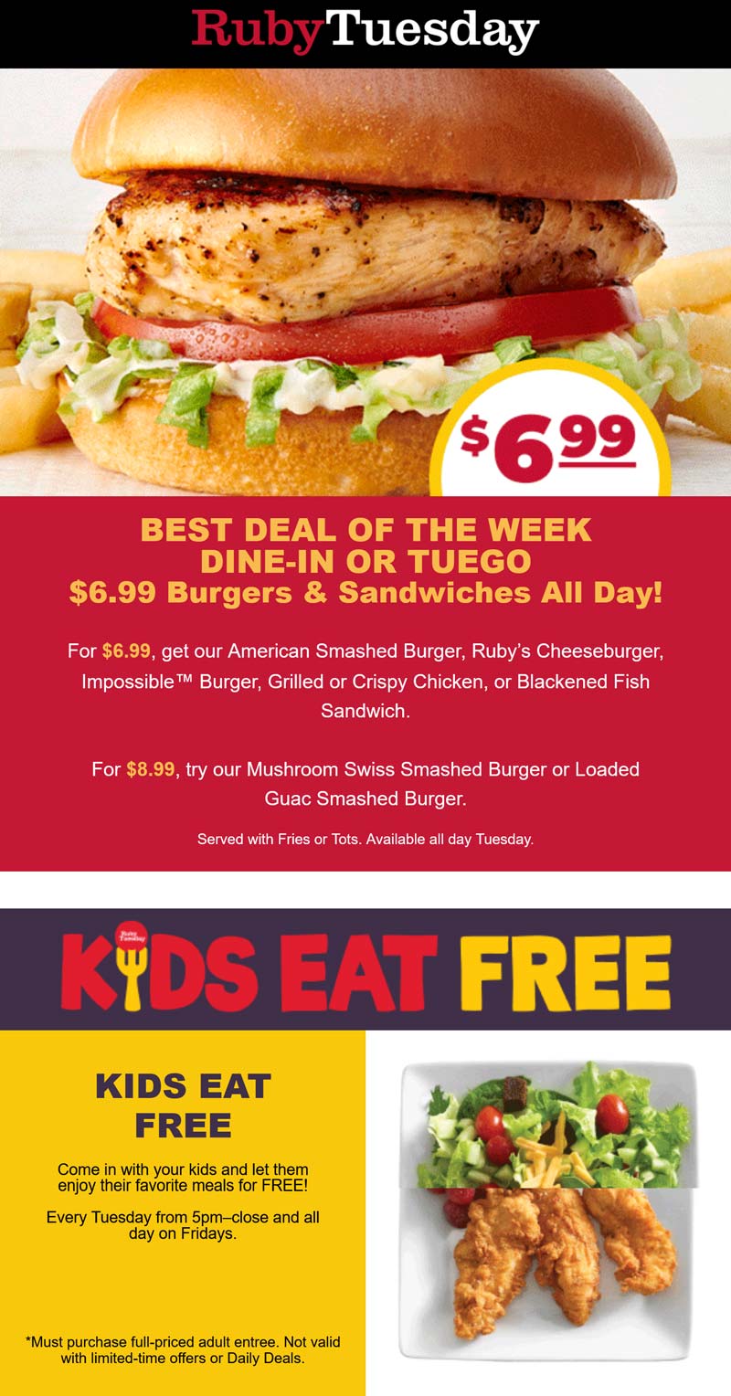 Ruby Tuesday restaurants Coupon  $7 burgers & sandwiches + kids eat free today at Ruby Tuesday restaurants #rubytuesday 