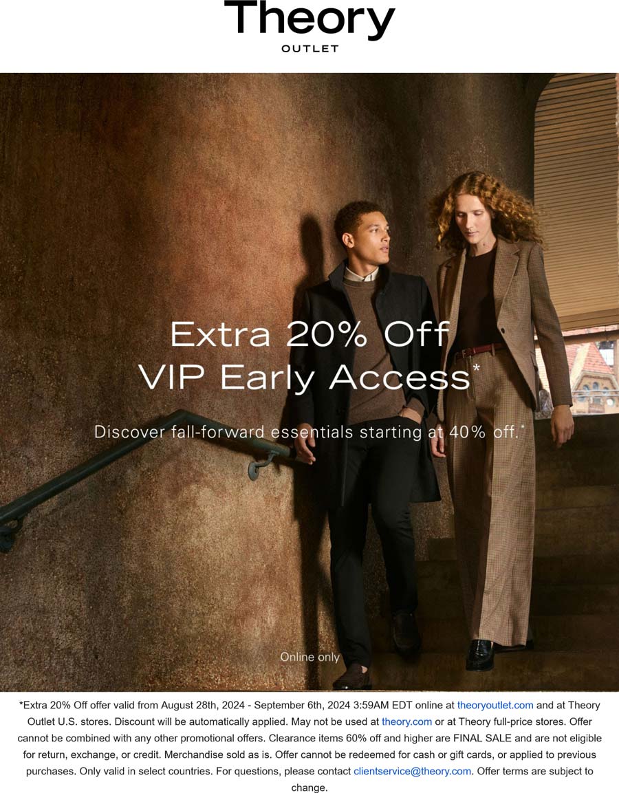 Theory Outlet stores Coupon  Extra 20% off at Theory Outlet, ditto online #theoryoutlet 