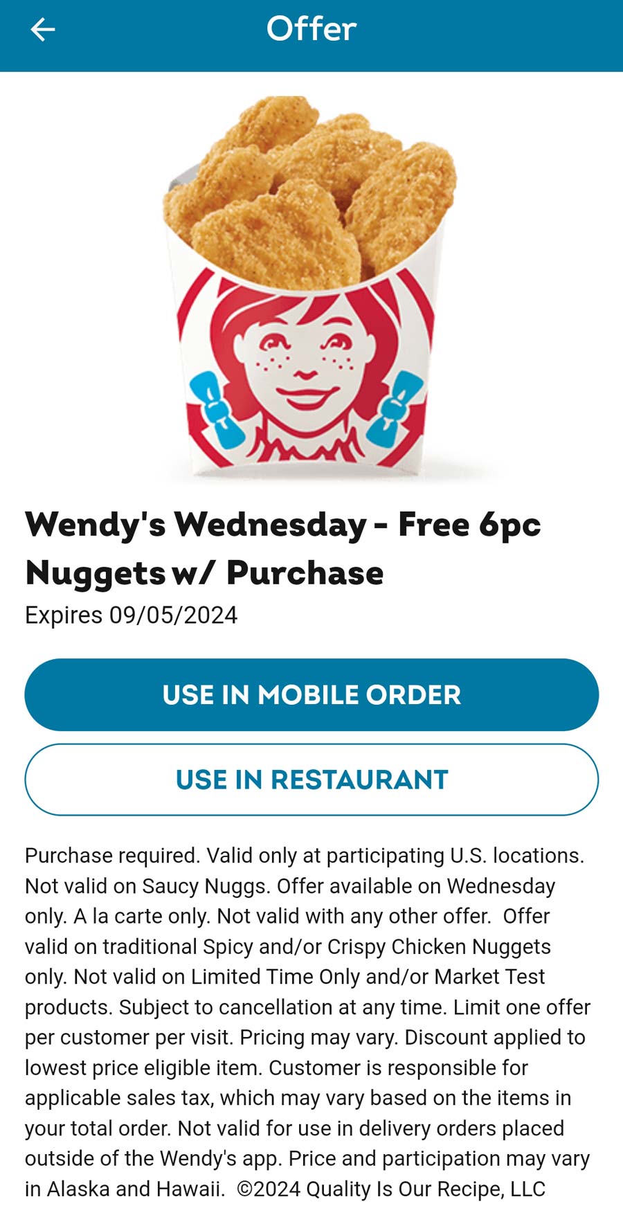 Wendys restaurants Coupon  Free 6pc chicken nuggets with your mobile order today at Wendys #wendys 