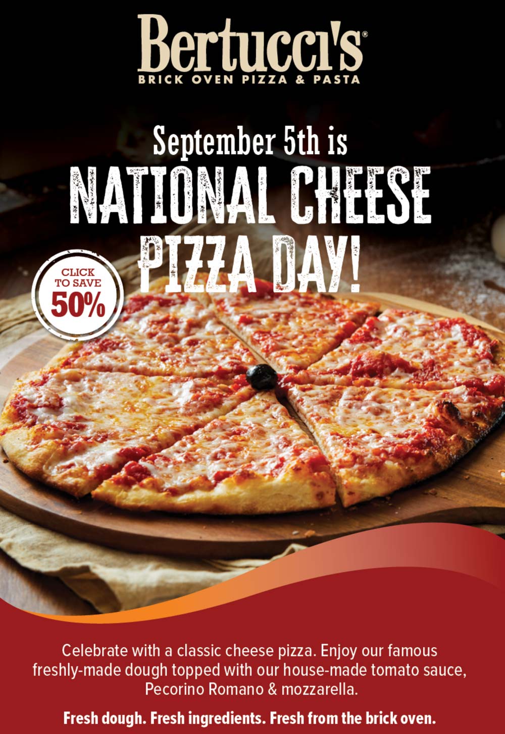 Bertuccis restaurants Coupon  50% off cheese pizza today at Bertuccis brick oven #bertuccis 