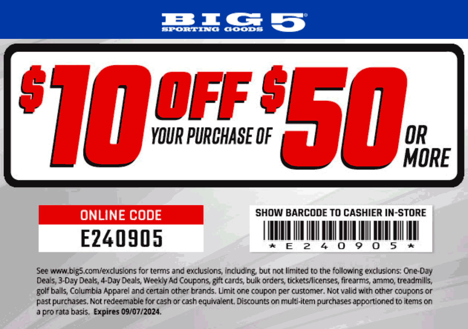 Big 5 stores Coupon  $10 off $50 at Big 5 sporting goods, or online via promo code E240905 #big5 