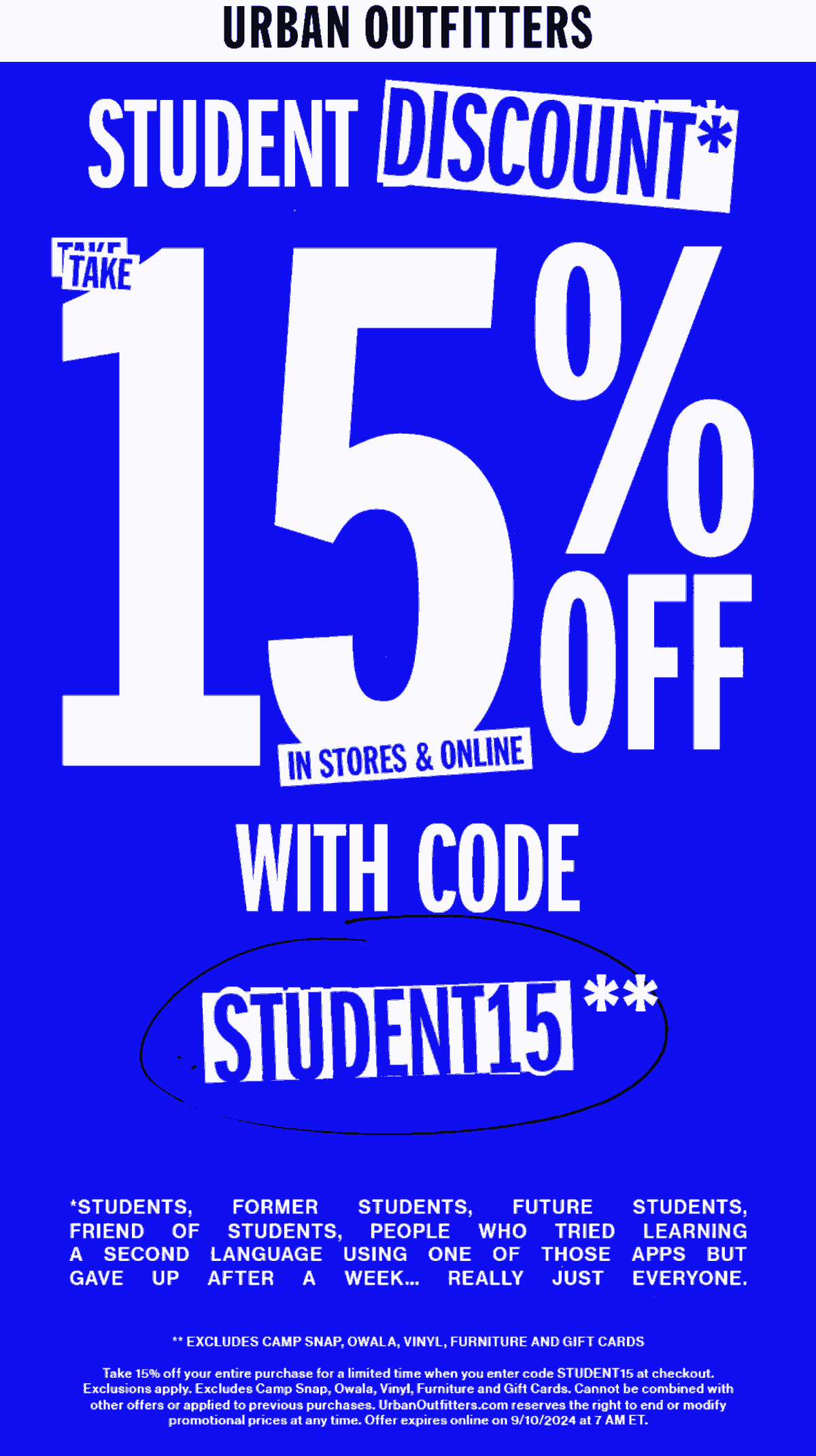 Urban Outfitters stores Coupon  15% off at Urban Outfitters, or online via promo code STUDENT15 #urbanoutfitters 