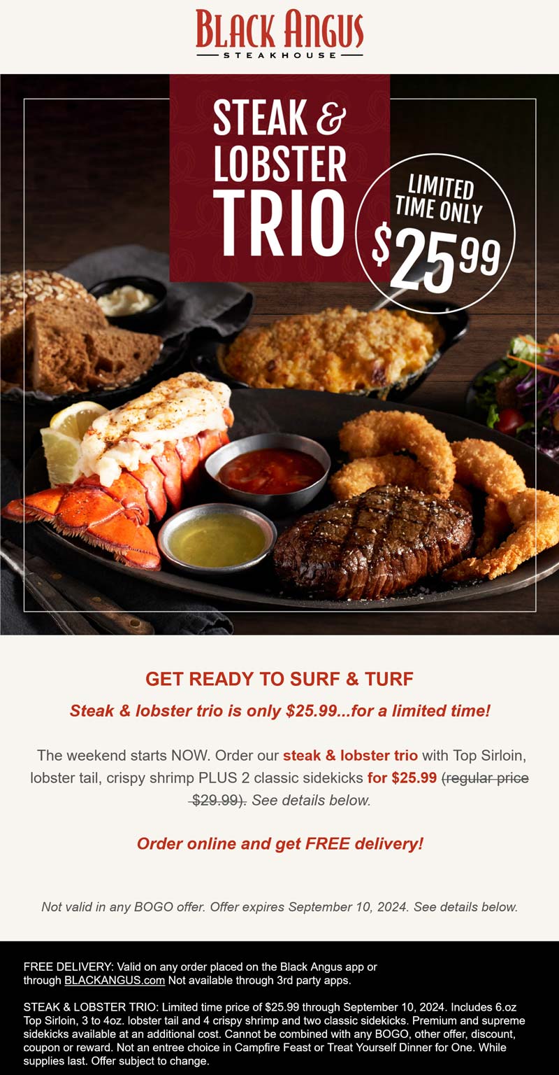 Black Angus restaurants Coupon  Sirloin, lobster tail, crispy shrimp + 2 classic sidekicks = $26 at Black Angus steakhouse #blackangus 