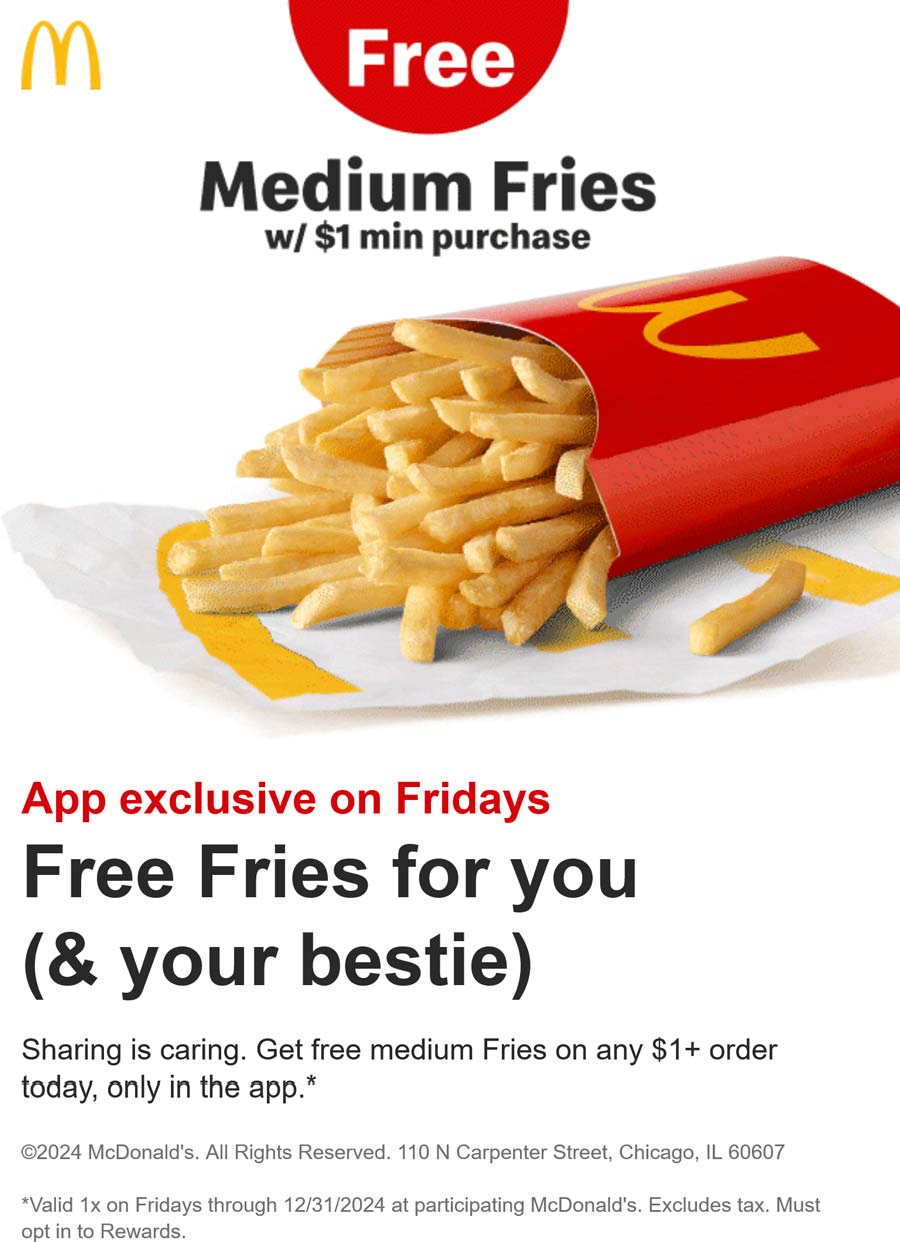 McDonalds restaurants Coupon  Free fries on $1 today at McDonalds restaurants #mcdonalds 