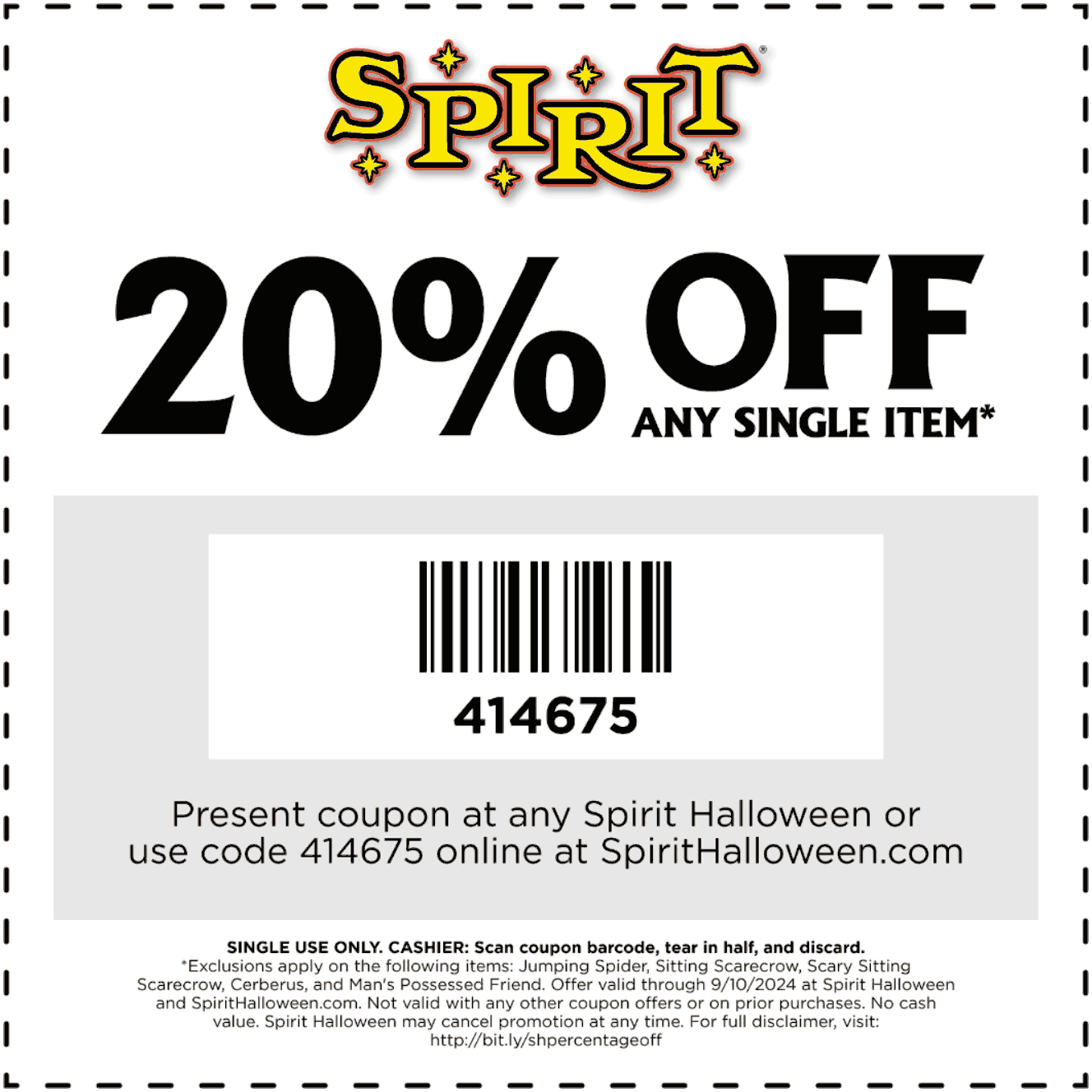 Spirit Halloween stores Coupon  20% off a single item at Spirit Halloween, or online via promo code 414675 #spirithalloween 