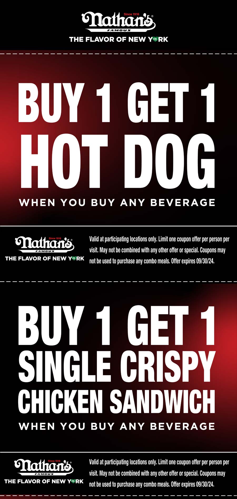 Nathans Famous restaurants Coupon  Second hot dog or chicken sandwich free at Nathans Famous #nathansfamous 