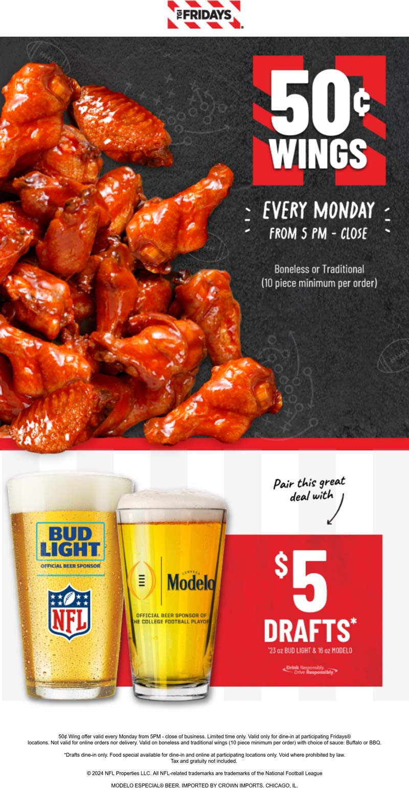 TGI Fridays restaurants Coupon  .50 cent wings Mondays at TGI Fridays restaurants #tgifridays 