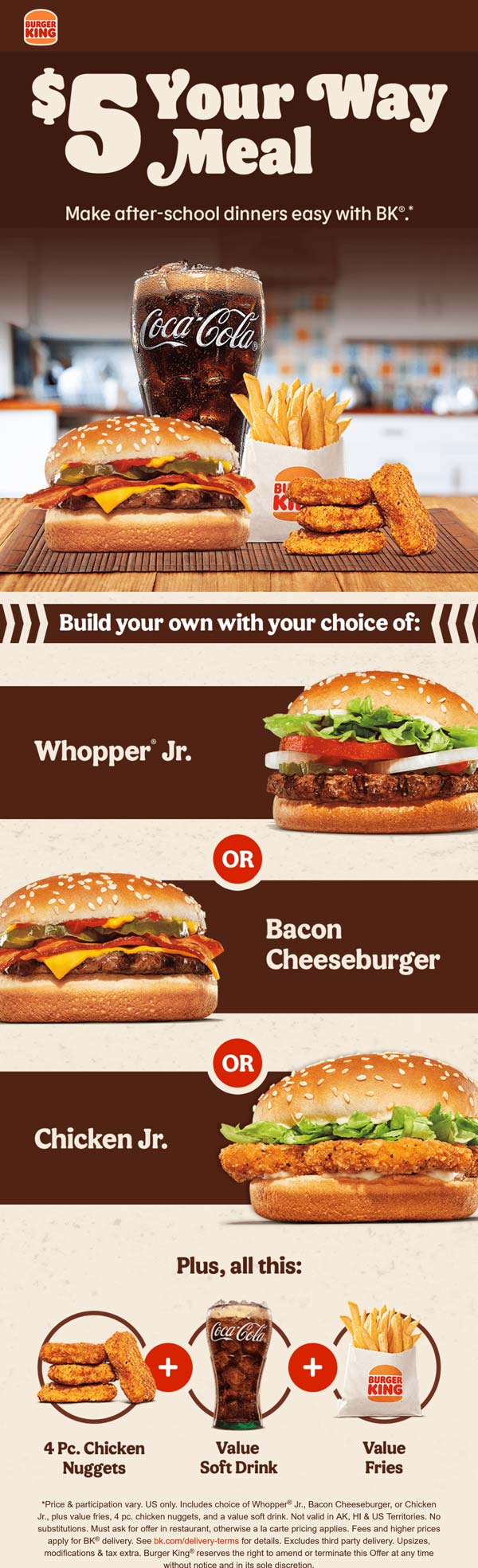 Burger King restaurants Coupon  Cheeseburger or chicken + 4pc nuggets + fries + drink = $5 at Burger King #burgerking 