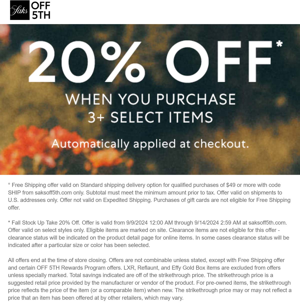  Saks OFF 5TH stores Coupon  20% off 3+ items online at Saks OFF 5TH #saksoff5th 