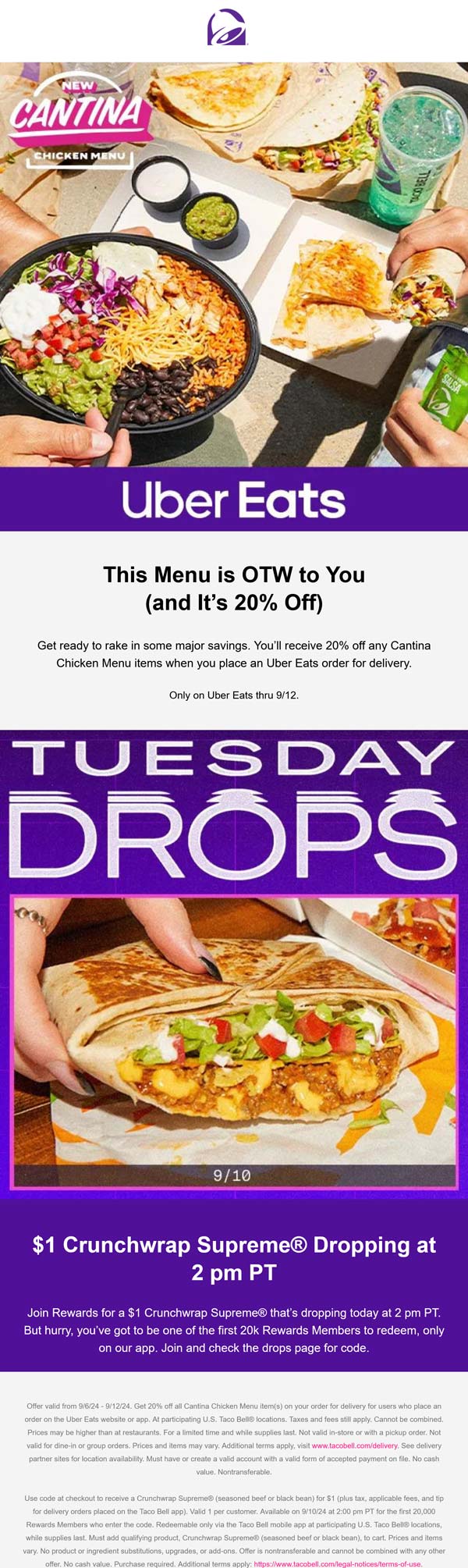 Taco Bell restaurants Coupon  Entire cantina menu is 20% off via delivery at Taco Bell #tacobell 