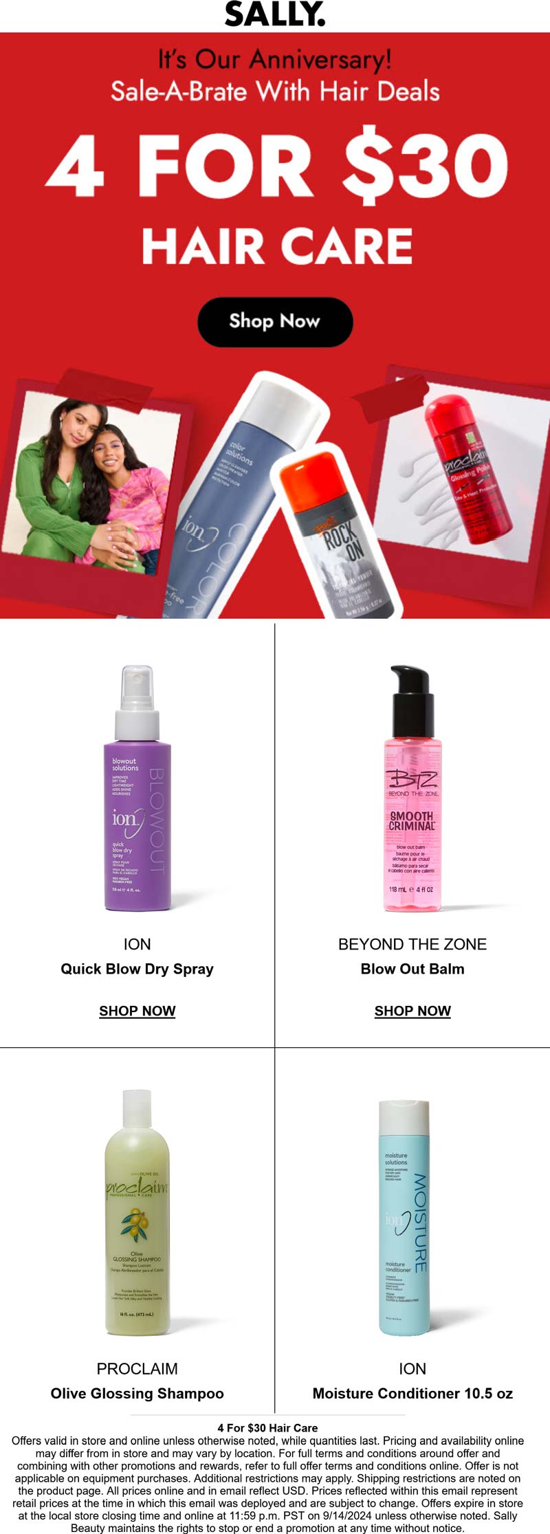 Sally stores Coupon  4 for $30 on hair care at Sally, ditto online #sally 