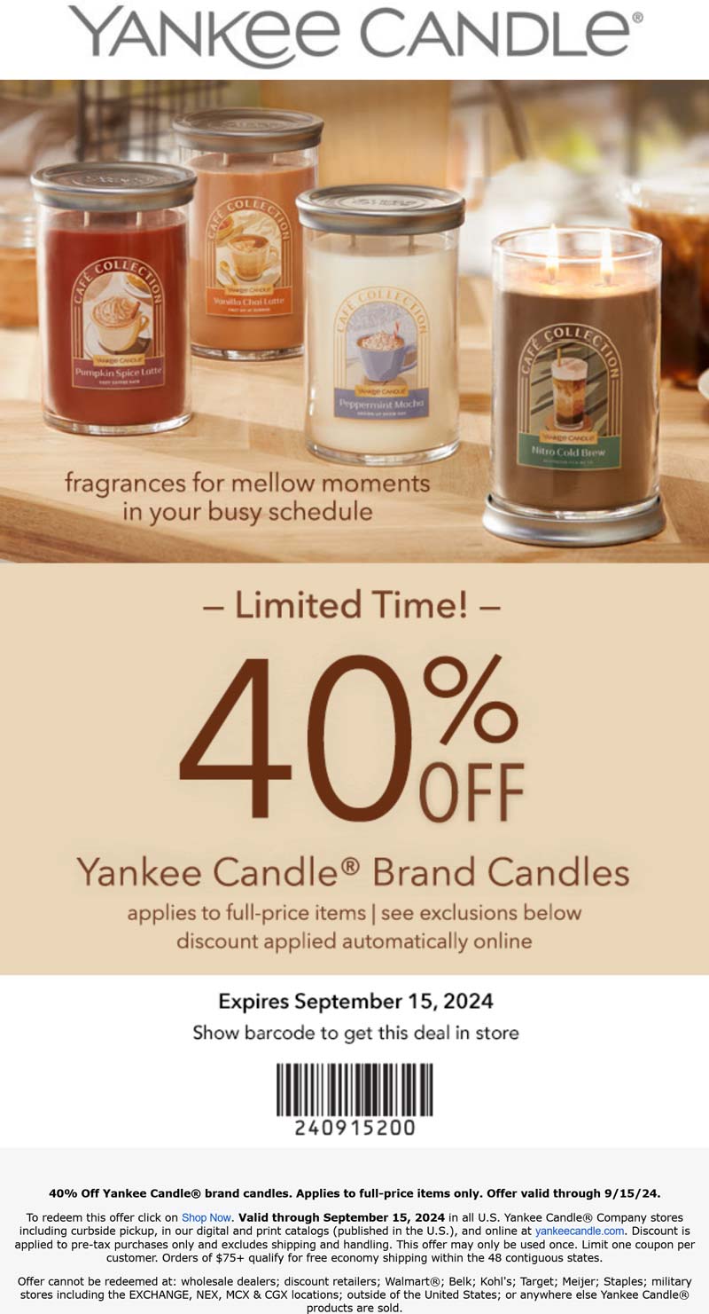 Yankee Candle stores Coupon  40% off at Yankee Candle, ditto online #yankeecandle 