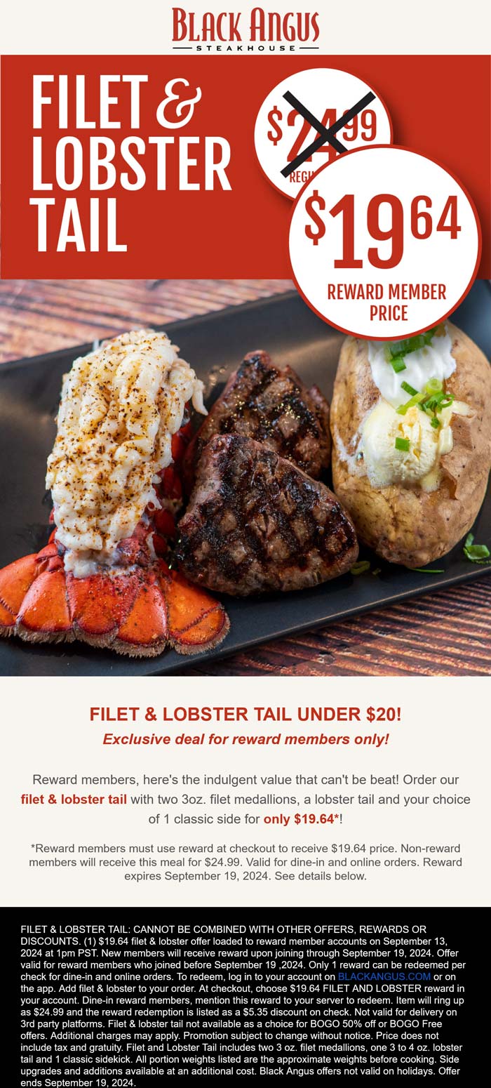 Black Angus restaurants Coupon  Filet mignon steak + lobster tail = $20 at Black Angus steakhouse #blackangus 