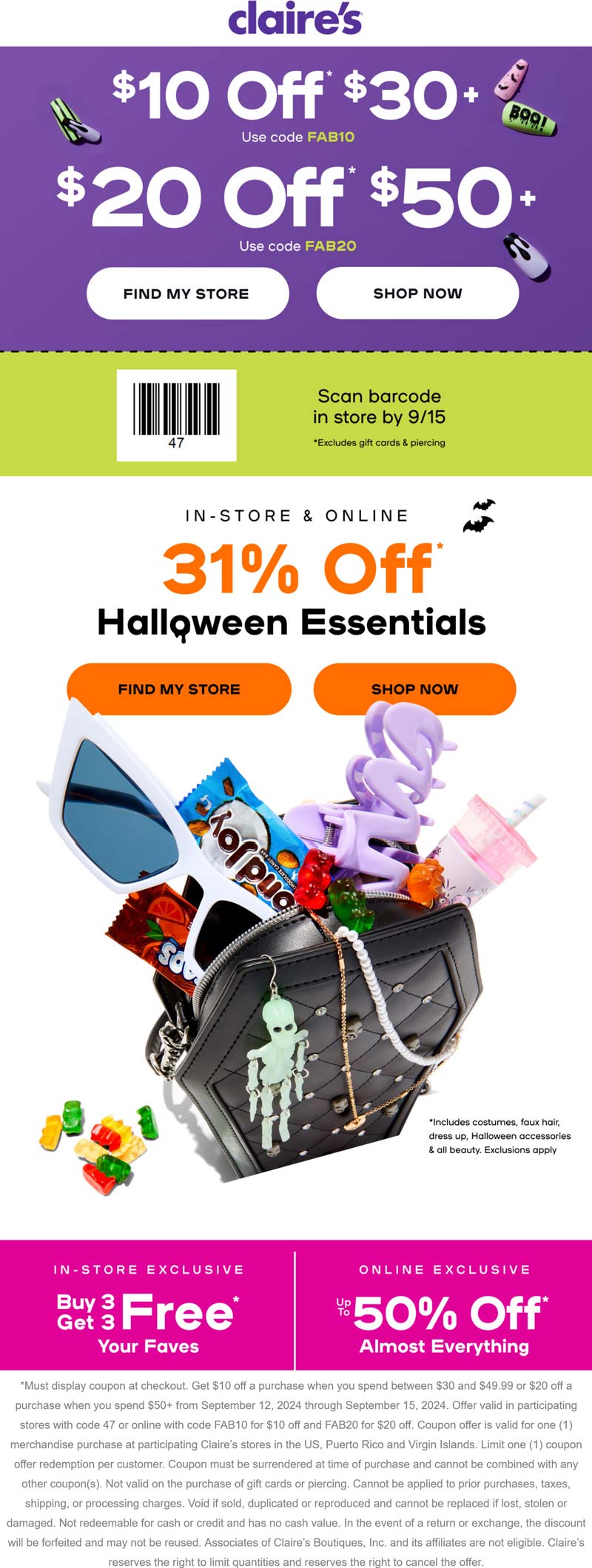 Claires stores Coupon  $10 off $30 & more at Claires, or online via promo code FAB10 #claires 