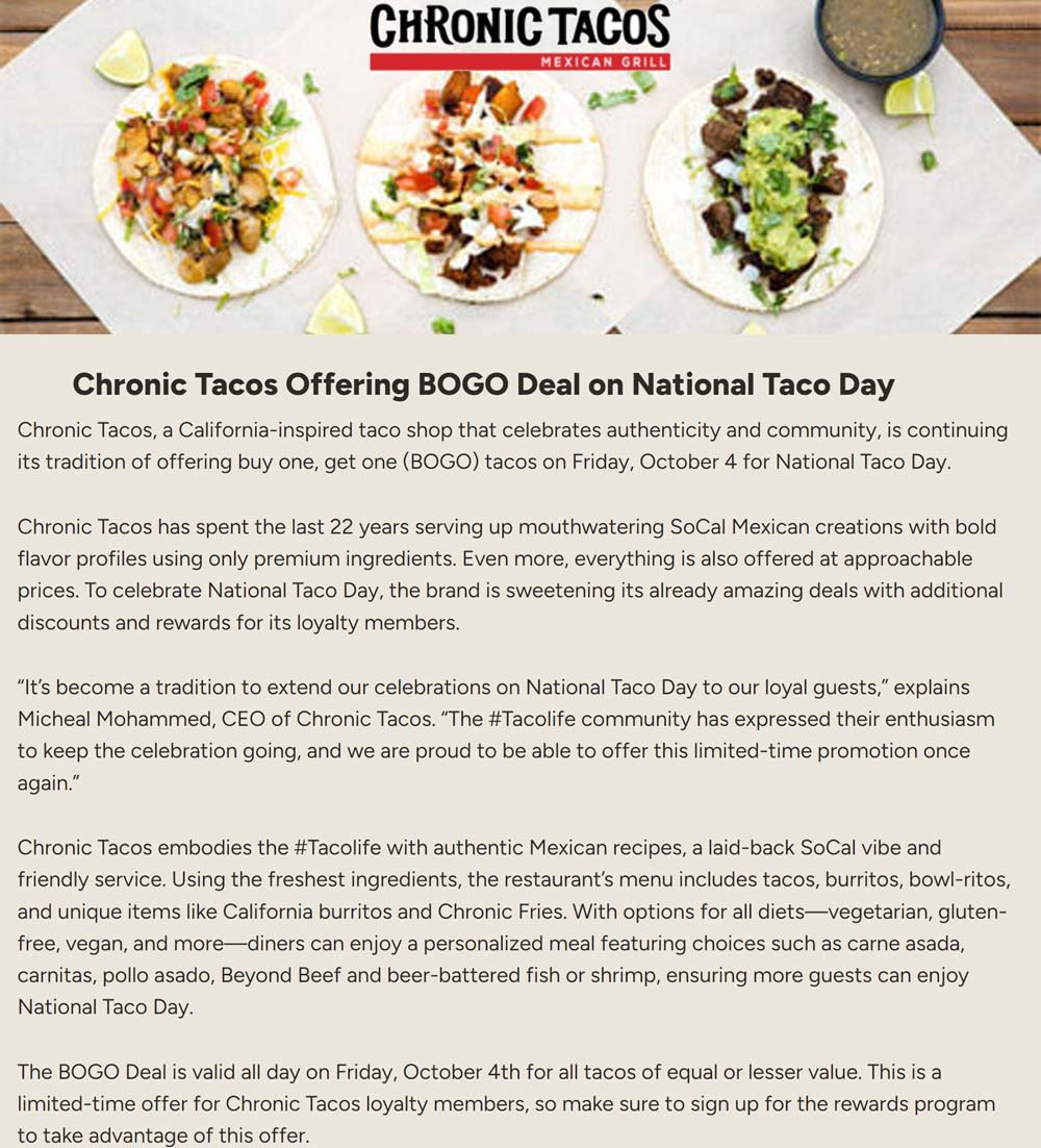 Chronic Tacos restaurants Coupon  Second taco free the 4th at Chronic Tacos #chronictacos 