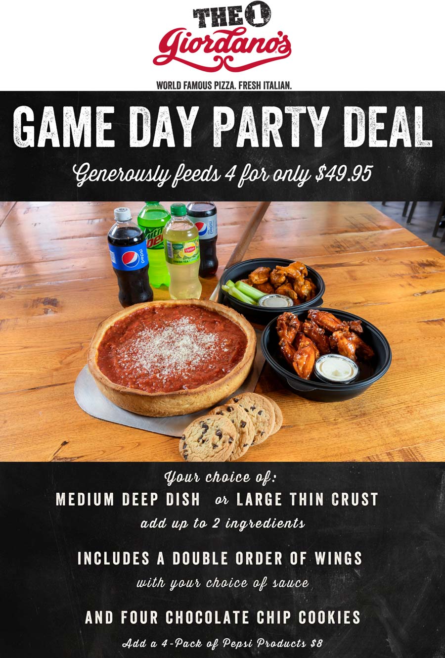 Giordanos restaurants Coupon  Deep dish w/2 toppings + double order chicken wings + 4 cookies = $50 today at Giordanos pizza #giordanos 