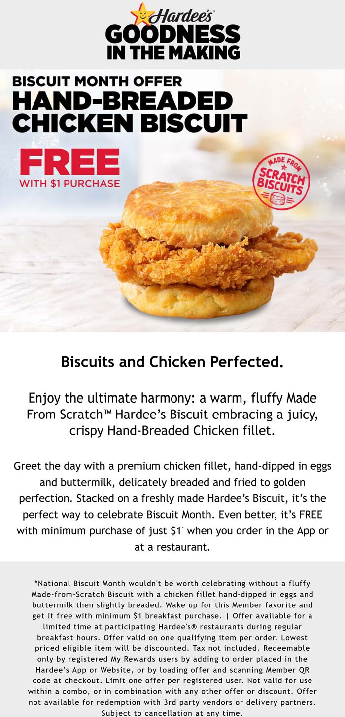 Hardees restaurants Coupon  Free chicken biscuit on $1 via login at Hardees #hardees 