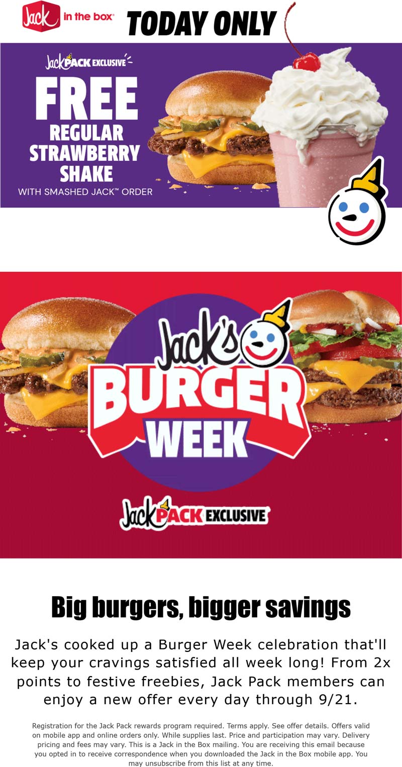 Jack in the Box stores Coupon  Free strawberry milkshake with your smashed jack today at Jack in the Box #jackinthebox 