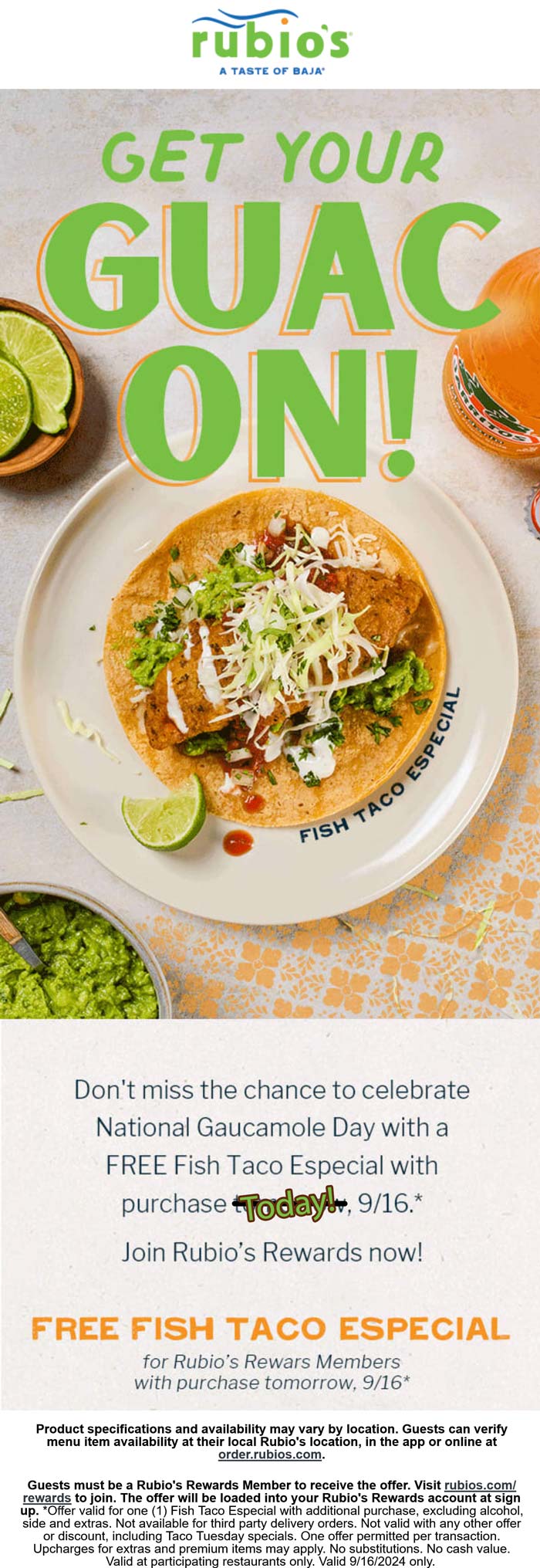 Rubios restaurants Coupon  Free fish taco especial with your order via login today at Rubios #rubios 