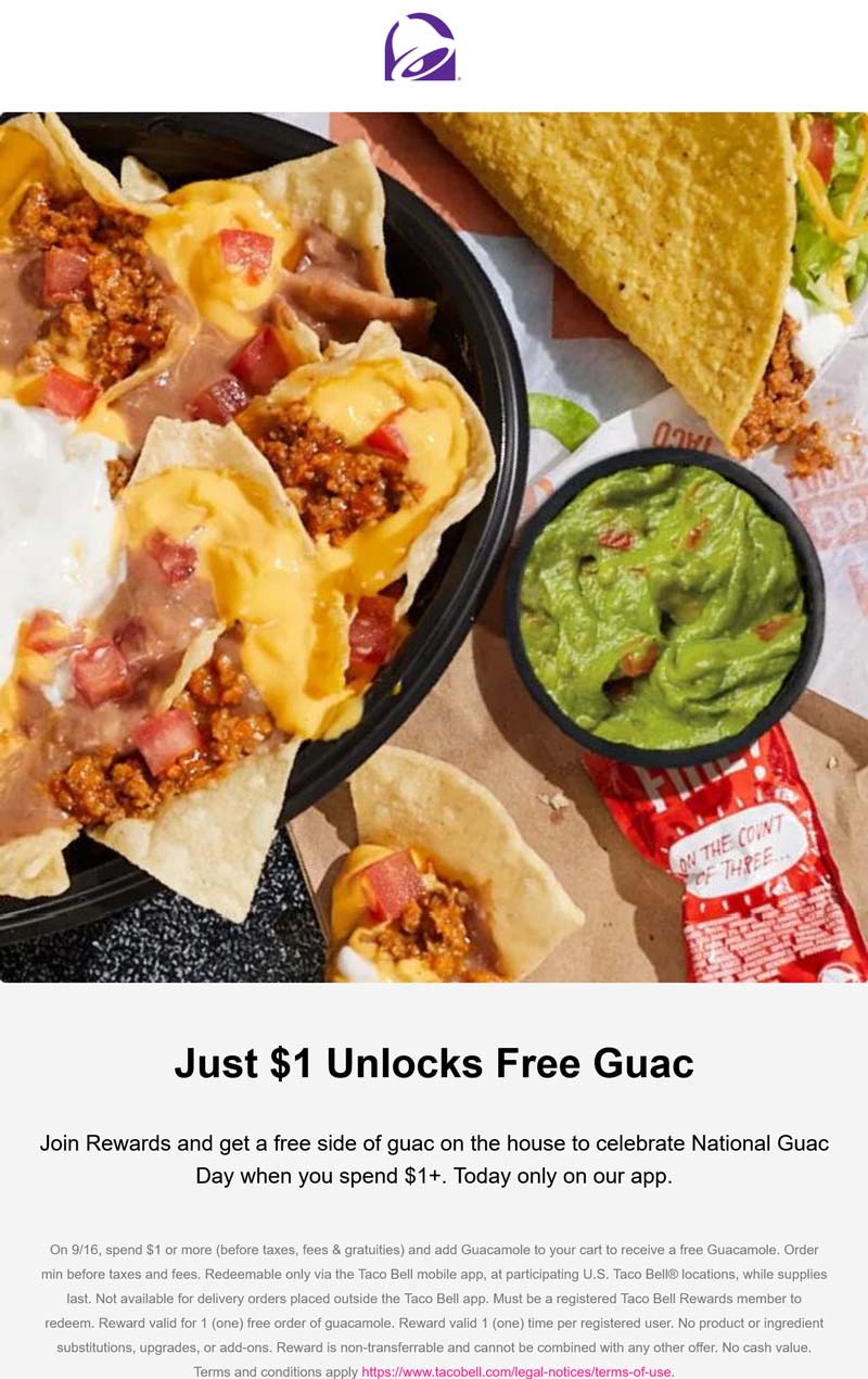 Taco Bell restaurants Coupon  Free guac on $1 today at Taco Bell #tacobell 