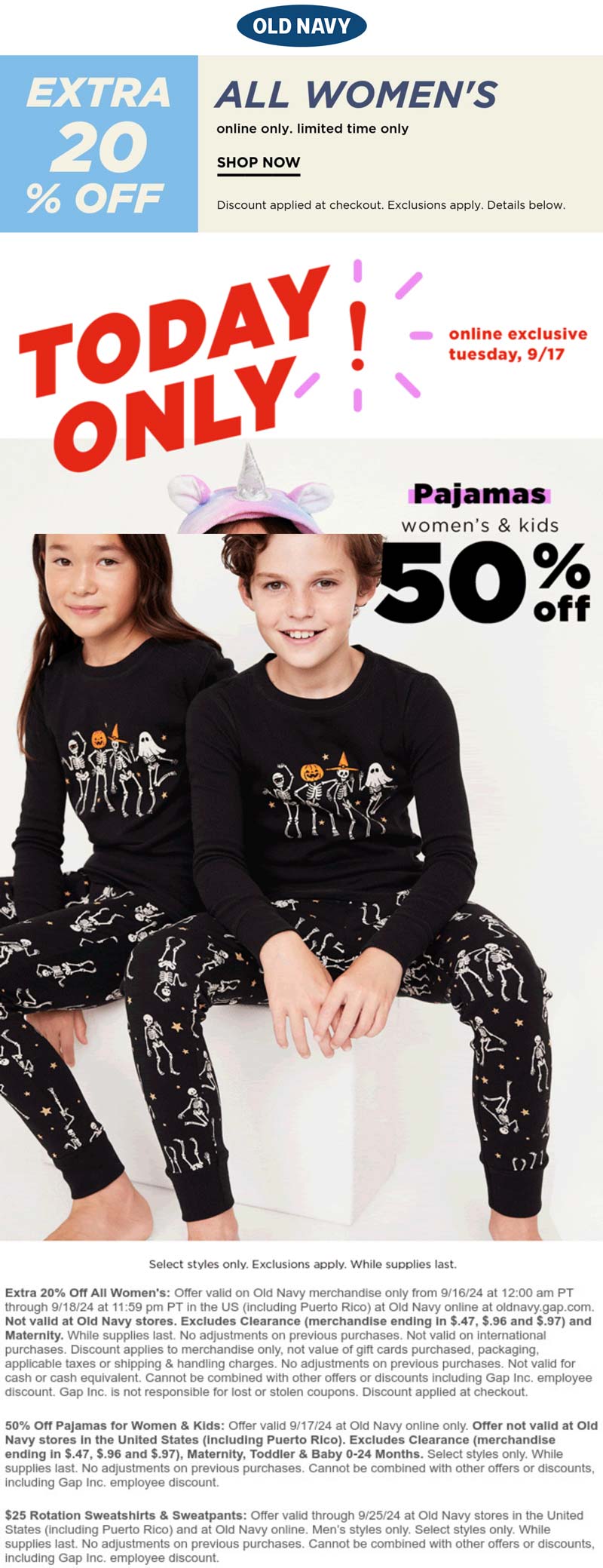 Old Navy stores Coupon  20% off all womens + 50% off pajamas today at Old Navy #oldnavy 