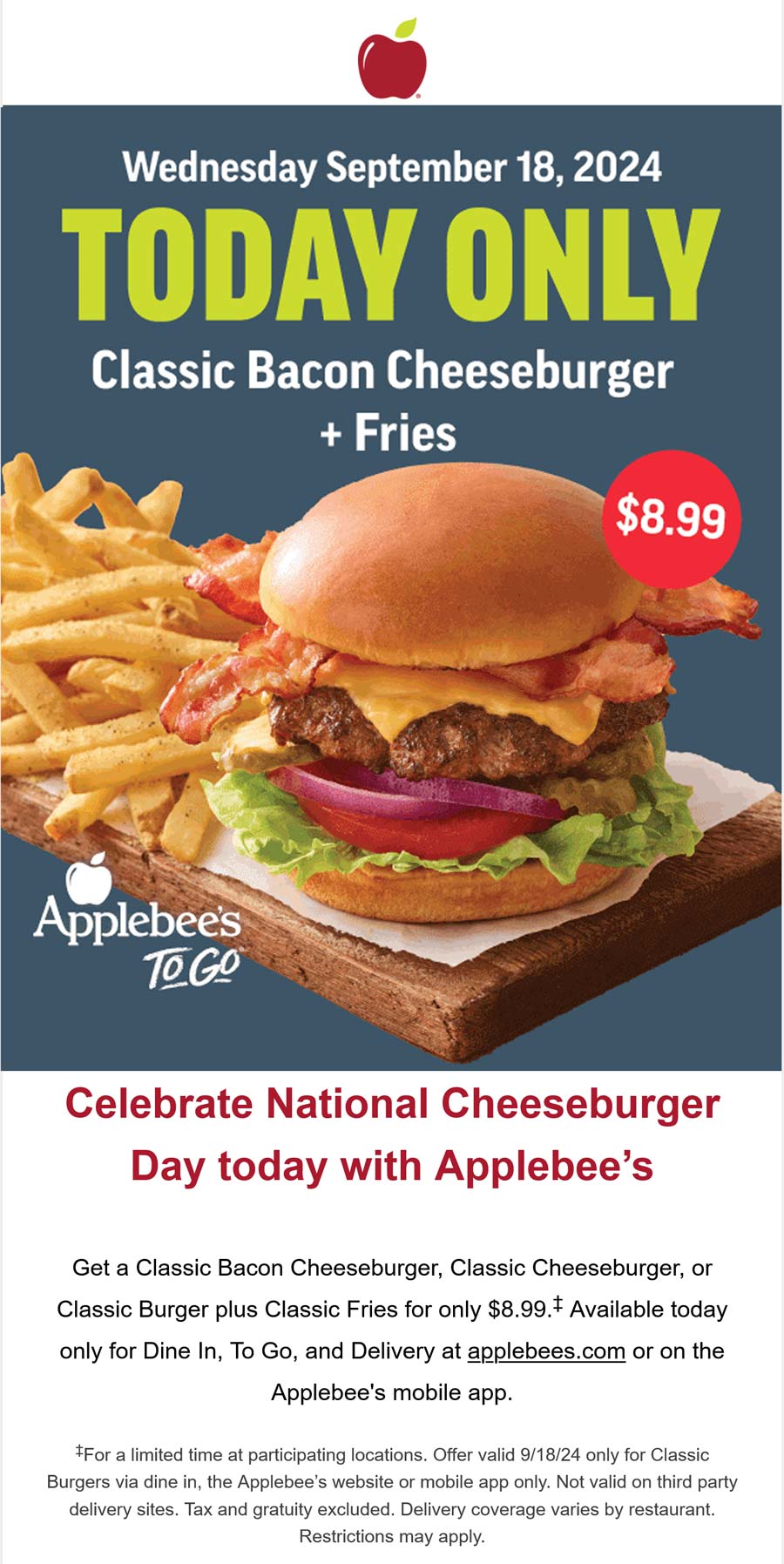 Applebees restaurants Coupon  Bacon cheeseburger + fries = $9 today at Applebees #applebees 