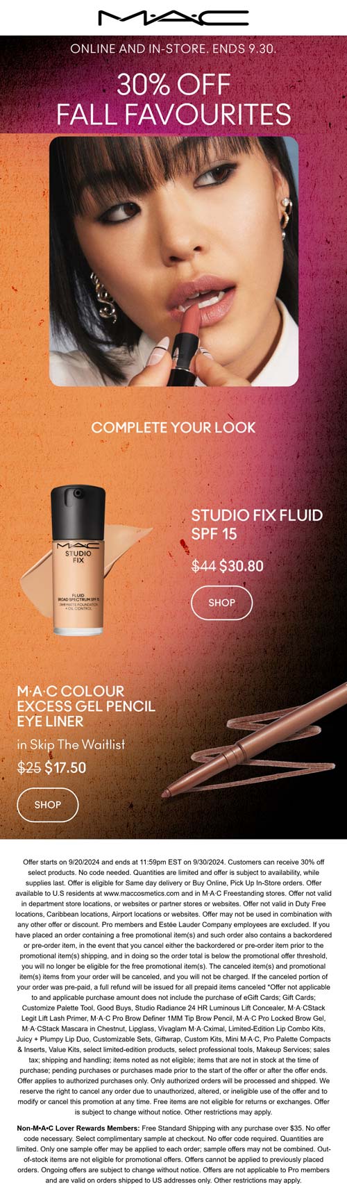 MAC stores Coupon  30% off fall faves at MAC cosmetics, ditto online #mac 