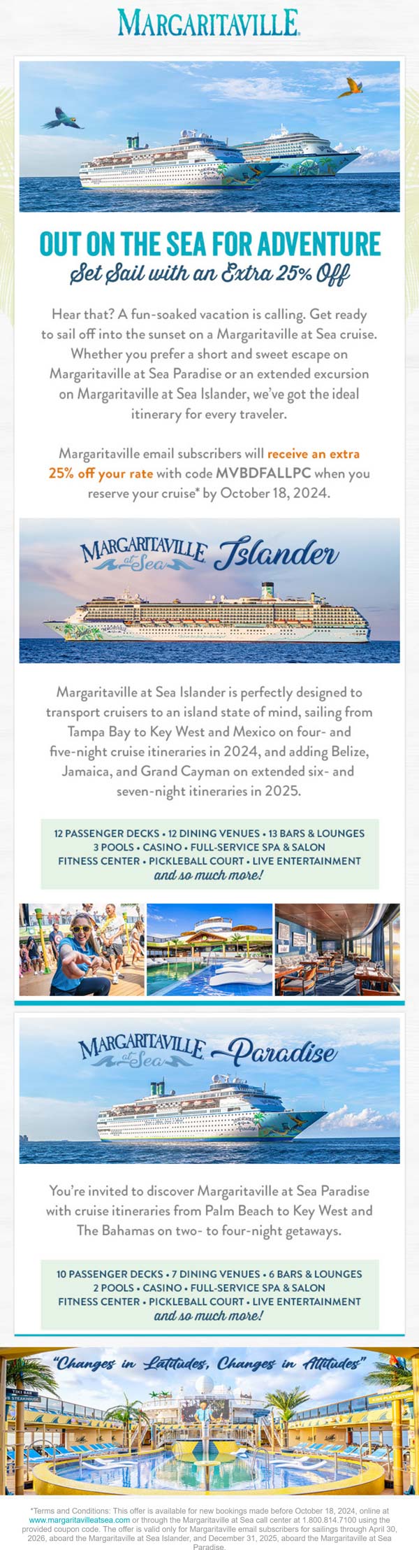 Margaritaville stores Coupon  Extra 25% off cruises on Margaritaville via promo code MVBDFALLPC #margaritaville 