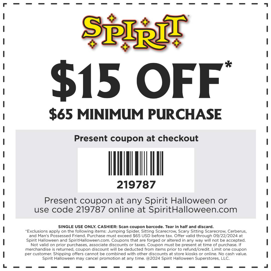 Spirit Halloween stores Coupon  $15 off $65 at Spirit Halloween, or online via promo code 219787 #spirithalloween 