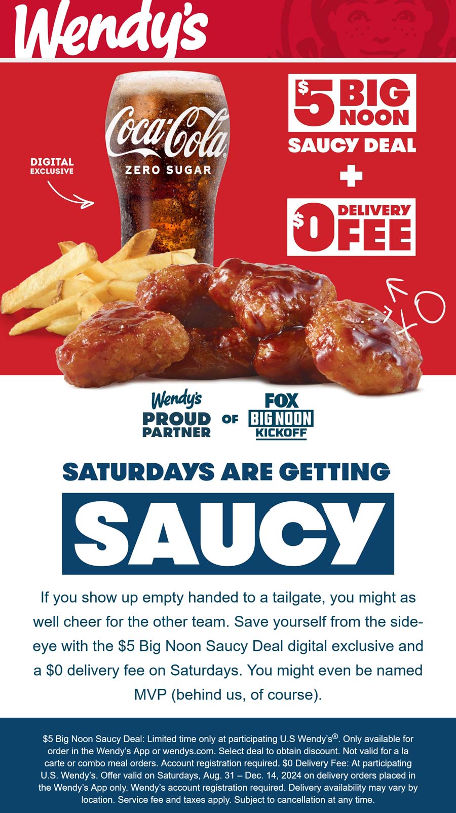 Wendys restaurants Coupon  $5 big noon saucy deal with free delivery Saturdays at Wendys restaurants #wendys 