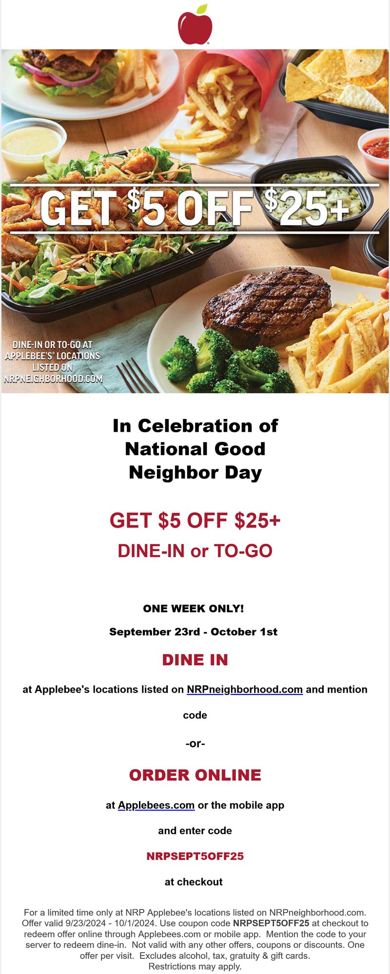 Applebees restaurants Coupon  $5 off $25 at Applebees restaurants, or online via promo code NRPSEPT5OFF25 #applebees 