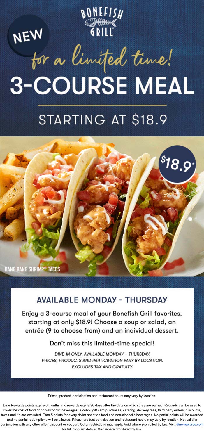 Bonefish Grill restaurants Coupon  3-course meal for $19+ at Bonefish Grill #bonefishgrill 