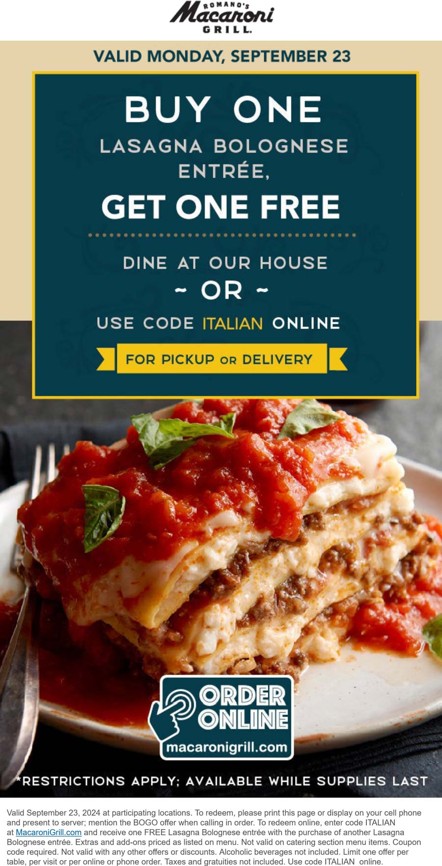 Macaroni Grill restaurants Coupon  Second lasagna bolognese entree free today at Macaroni Grill #macaronigrill 