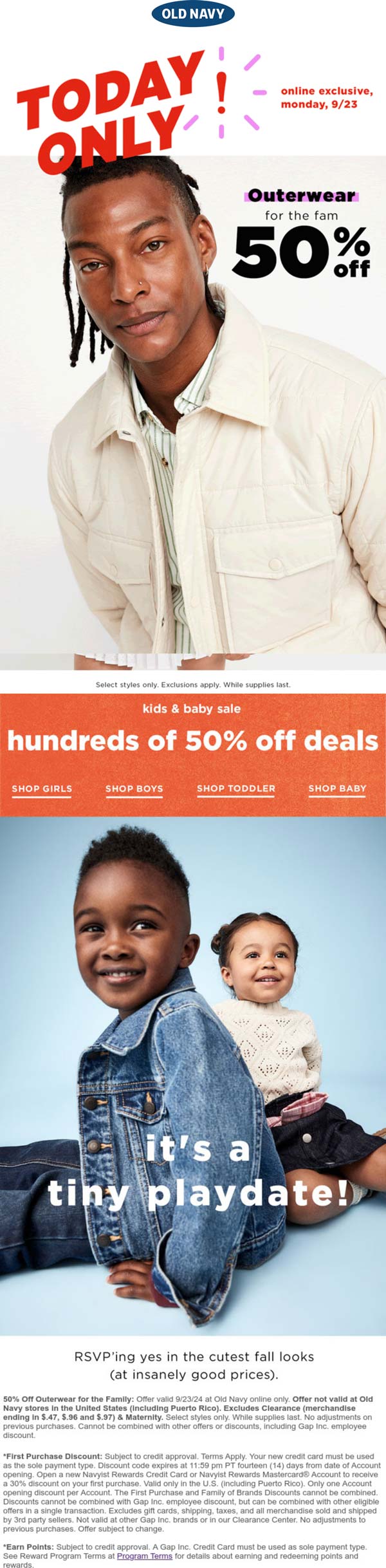 Old Navy stores Coupon  50% off outerwear online today at Old Navy #oldnavy 