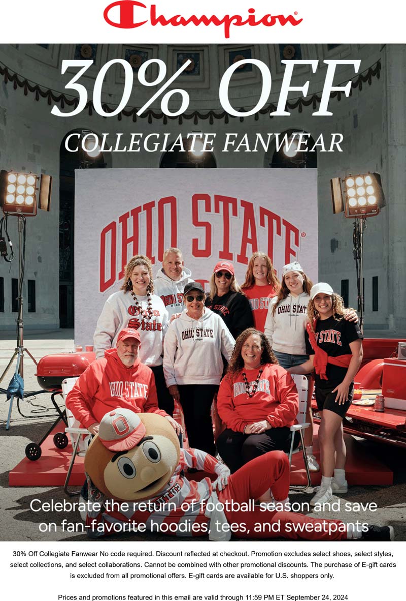 Champion stores Coupon  30% off collegiate fanwear today at Champion #champion 